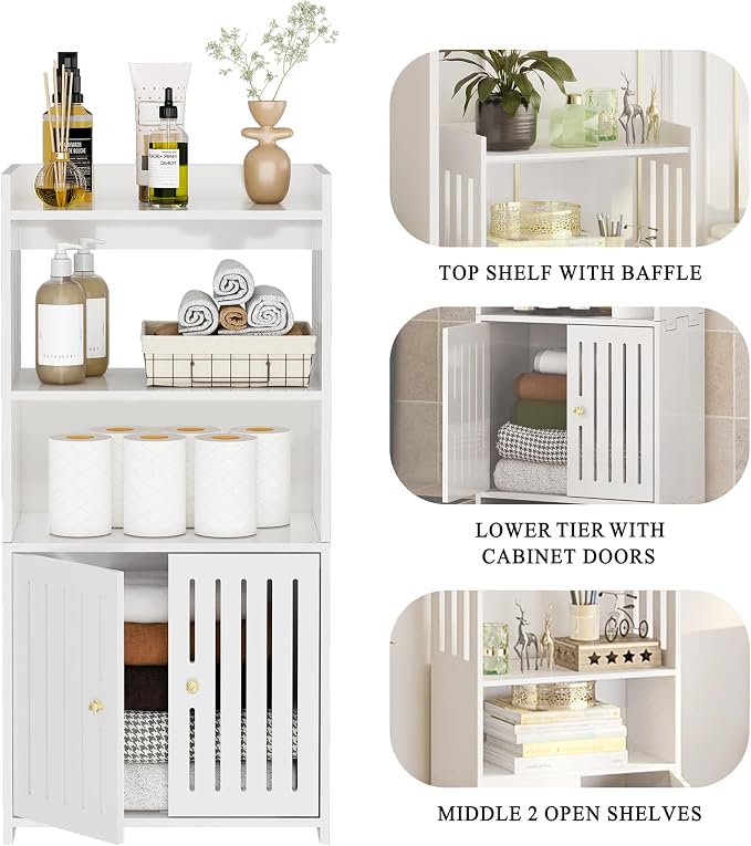 Bathroom Storage Cabinet, 4-Tier White Floor Cabinet Freestanding Organizer - Image 7