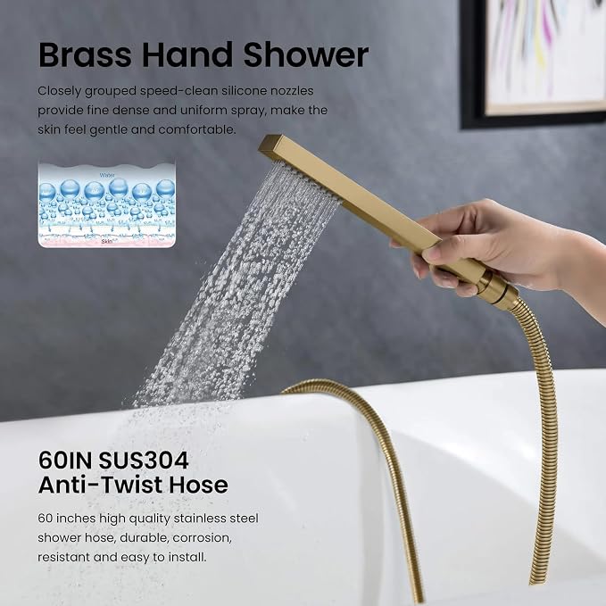 KIBI Cube Brushed Brass Freestanding Bathtub Faucet Floor‑Mounted Brass Tub - Image 6