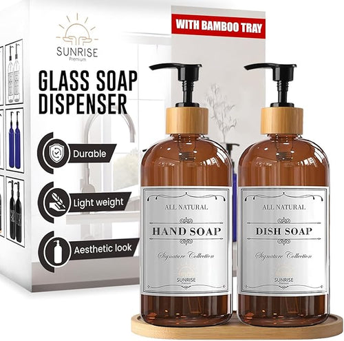 16 OZ Thick Amber Glass Soap Dispenser, Bamboo Pump by SunrisePremium