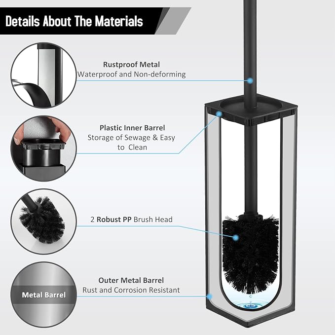 BGL Square Toilet Brush with Holder, Stainless Steel Rubber Painted Toilet Bowl - Image 8