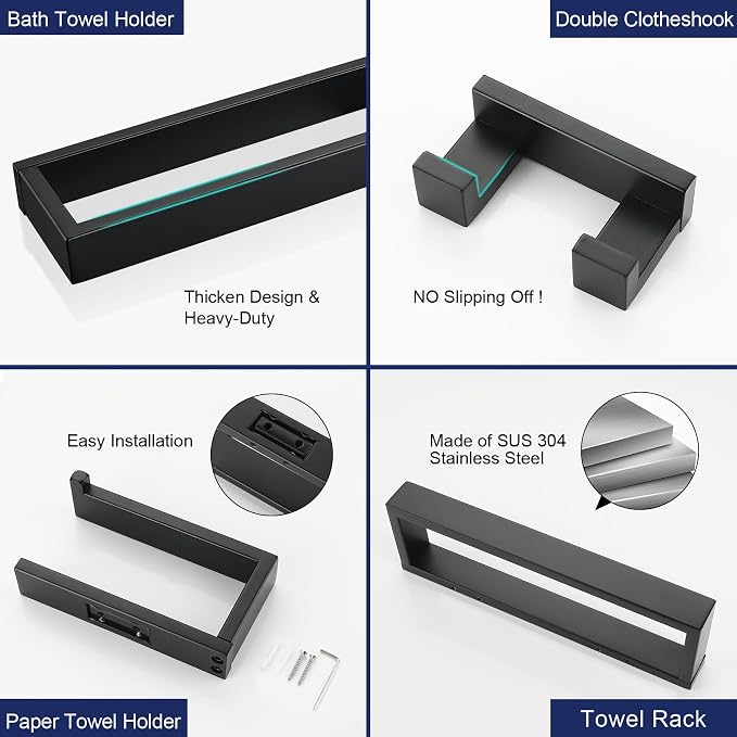 Lairuier 4-Piece Bath Towel Bar Set, Matte Black Bathroom Hardware Set - Image 4