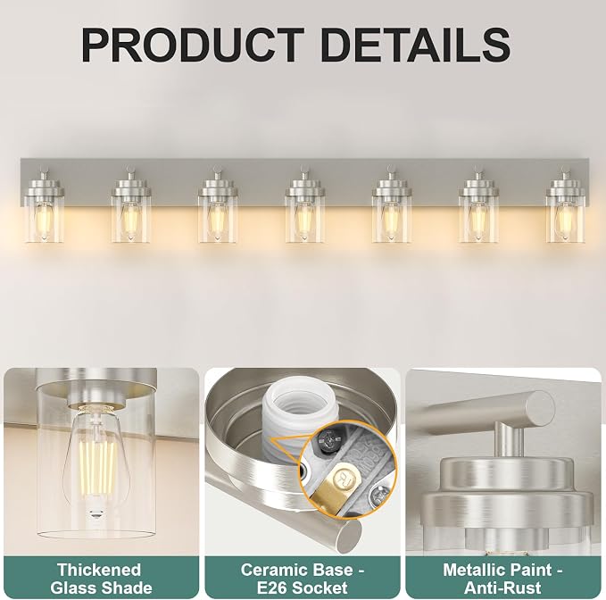 IZORRO Bathroom Vanity Light Fixture, 7-Light 51 Inch Brushed Nickel Bathroom - Image 3