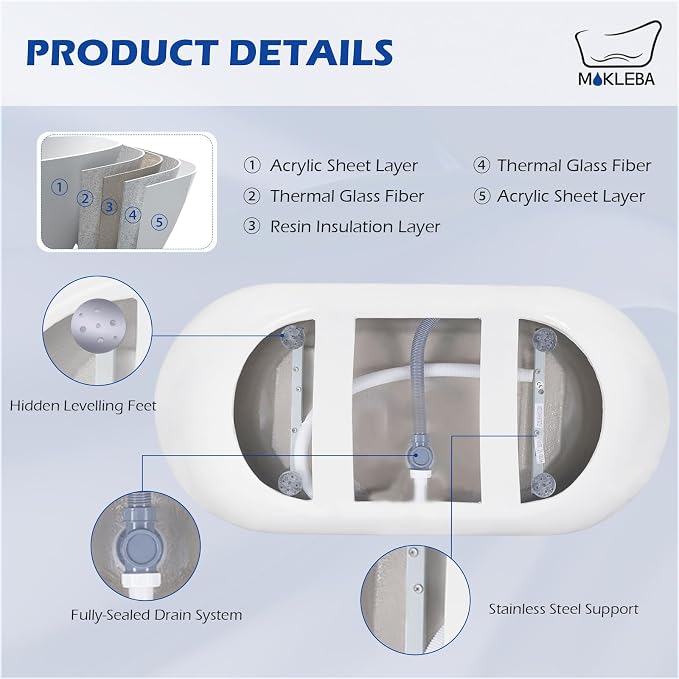 70" Acrylic Freestanding Bathtub, Double Ended Free Standing Tub, Soaking Tub - Image 8
