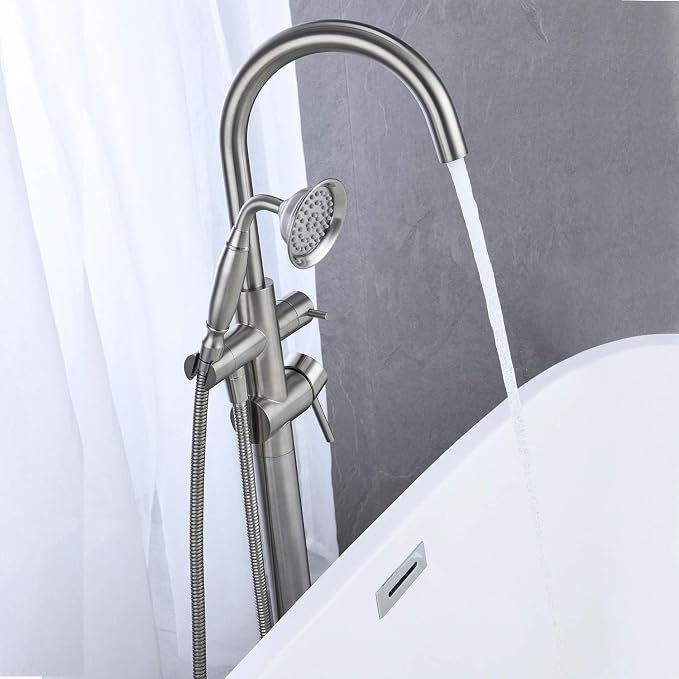 Tub Filler Freestanding Bathtub Faucet Brushed Nickel Floor Mounted Brass - Image 4