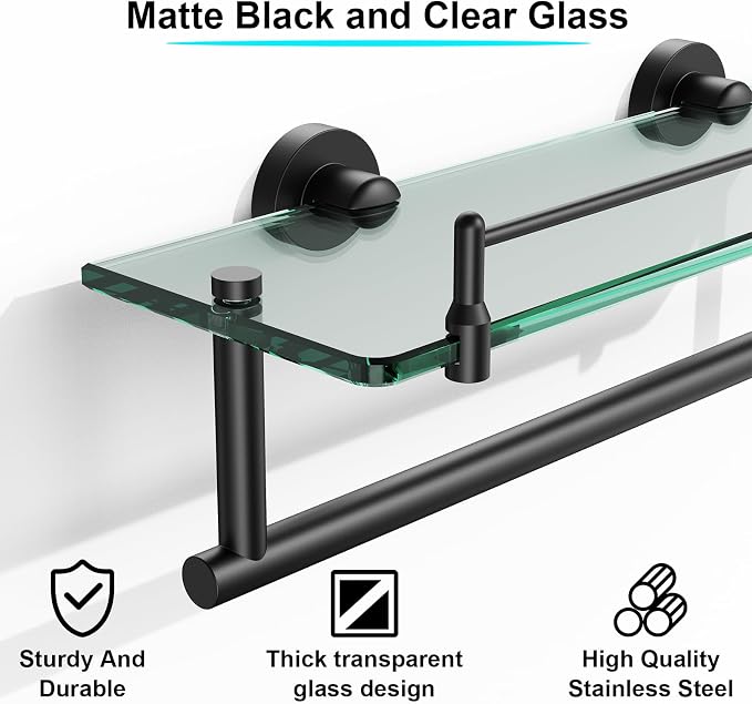 Bathroom Towel Rack with Tempered Glass Shelf 16 Inch, Matte Black Floating - Image 5