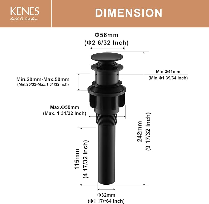 KENES Bathroom Vessel Sink Pop Up Drain Without Overflow Assembly, Lavatory - Image 6