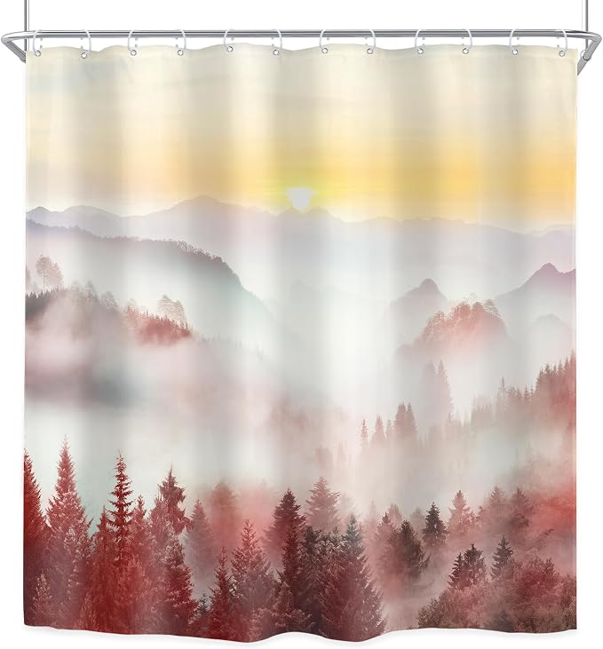Riyidecor Misty Mountain Shower Curtain 72Wx72H Inch Red Sunrise Nature Scenery - Image 8