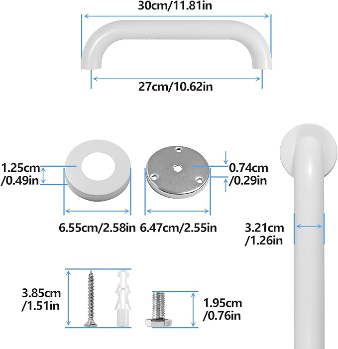 Shower Grab Bar, 2 Pack 12 Inch White Bathroom Safety Bar, 1.25" Diameter 304 - Image 2