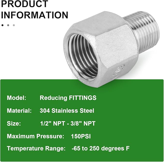 TAISHER 5PCS 304 Stainless Steel Pipe Fitting, 3/8" Male NPTx 1/2" Female NPT - Image 6