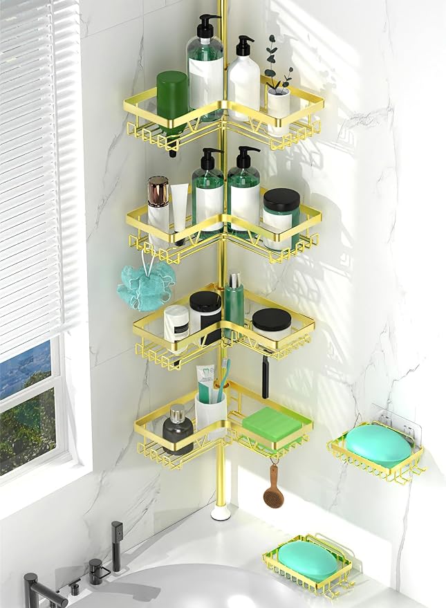 Shower Caddy Tension Pole with 2 Soap Holders, Adjustable Corner Shower Caddy by DAOYA