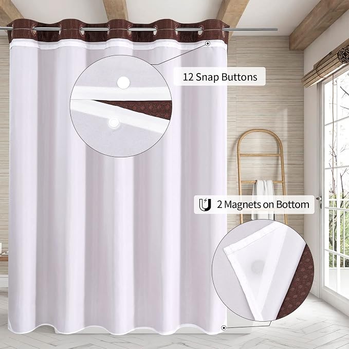 MitoVilla No Hooks Need Brown Waffle Shower Curtain Liner Set, Modern Waffle - Image 2