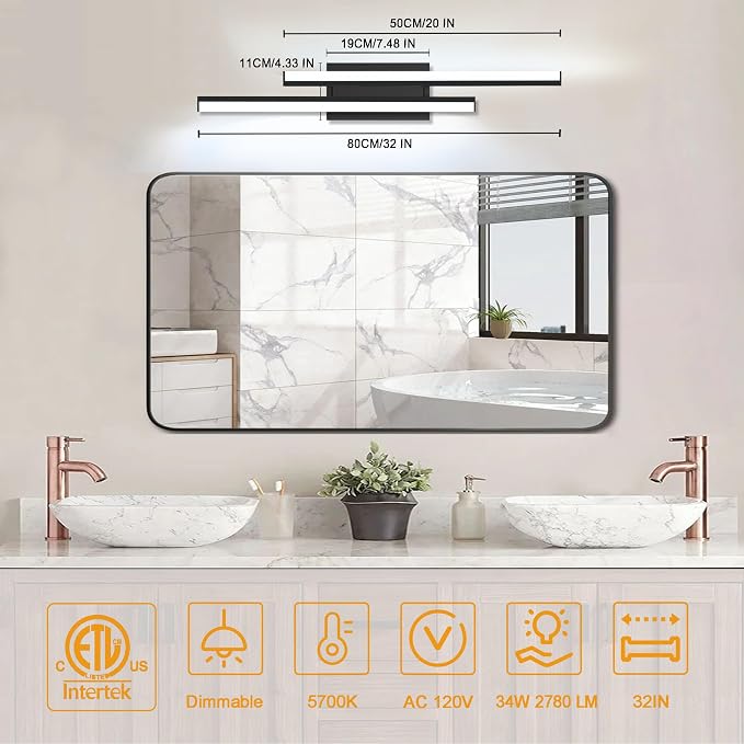ETL Listed 20 in-32 in Retractable LED Bathroom Vanity Light, Over Mirror - Image 2