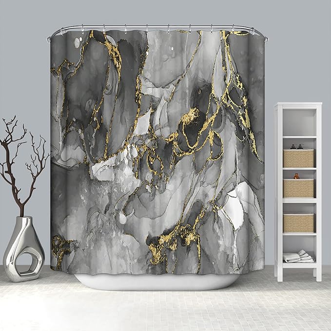 Domoku Brown Gold Marble Shower Curtain, Waterproof Texture Washable Fabric - Image 6