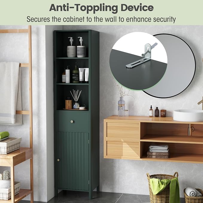 Tangkula 67" Tall Bathroom Cabinet, Narrow Floor Cabinet w/Fluted Door - Image 8