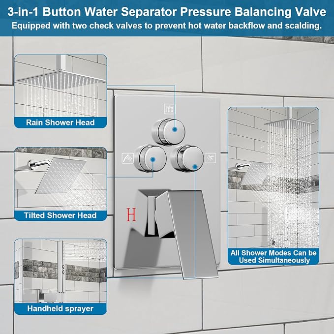Shower Faucet Set Polished Chrome Shower System, Ceiling Mount 12 Inch Shower - Image 2