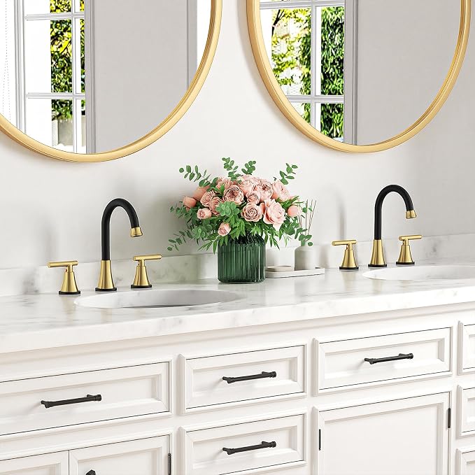 Bathroom Faucets for Sink 3 Hole, Hurran Black& Gold Bathroom Sink Faucet - Image 8
