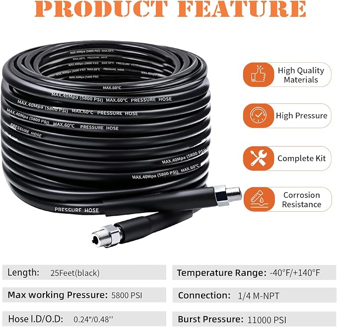 Sewer Jetter Kit for Pressure Washer, 25FT Drain Cleaner Hose 5800PSI - Image 2