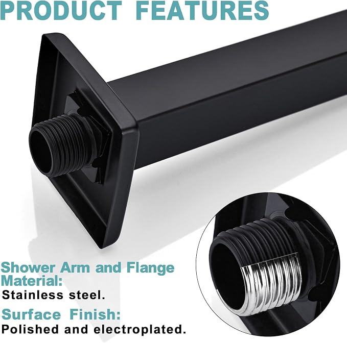 BESTILL 24 Inch Matte Black Ceiling Mount Shower Arm and Flange, Square Rain - Image 5