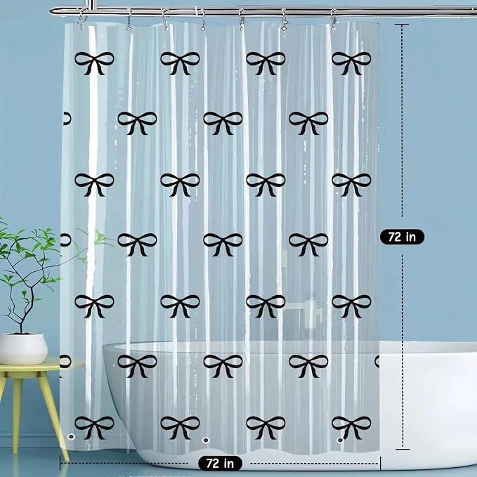 Clear Cute Black Bow Shower Curtain Liner, Plastic Transparent Girly Fancy - Image 2