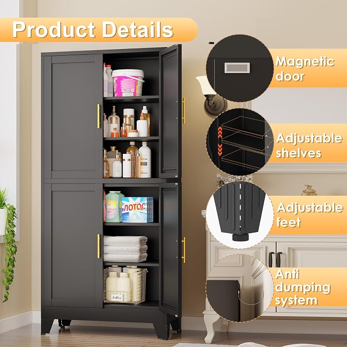 75" Tall Metal Kitchen Pantry Storage Cabinet, Freestanding Cupboard - Image 4