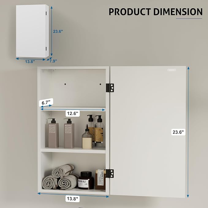 eclife 24" Bathroom Medicine Cabinet W/Mirror, Single Door Bathroom White Wall - Image 2