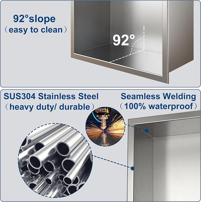 Neodrain 12X30 Inch Brushed Three Layers Stainless Steel Shower Niche, NO Tile - Image 7