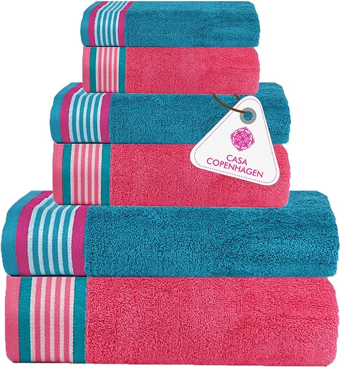 CASA COPENHAGEN He & She 6 Pieces Towel Set- Teal + Pink, 550 GSM 2 Bath Towel by CASACOPENHAGEN