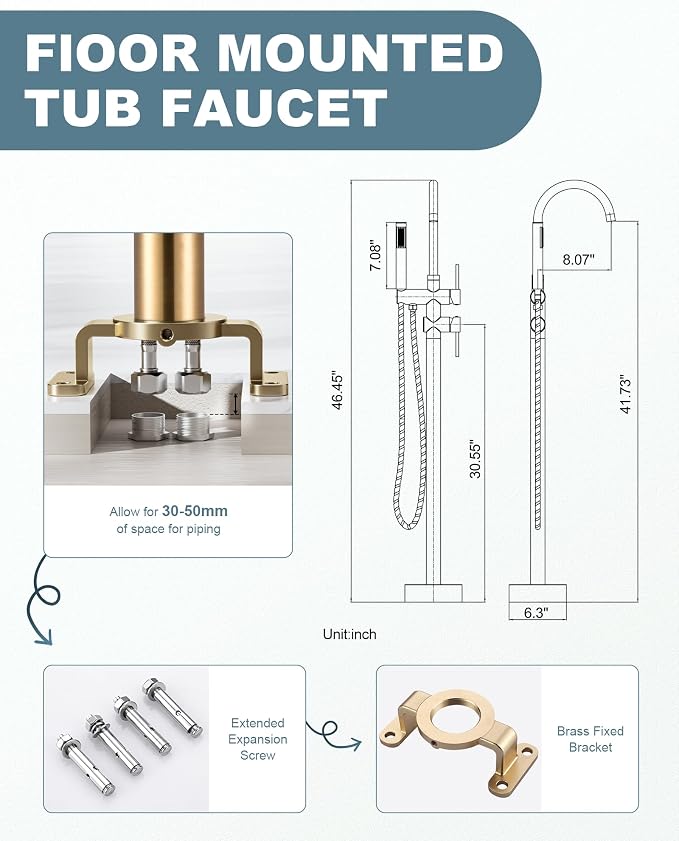 Freestanding Bathtub Faucet Brushed Gold, Floor Mount Tub Filler, High Flow - Image 6