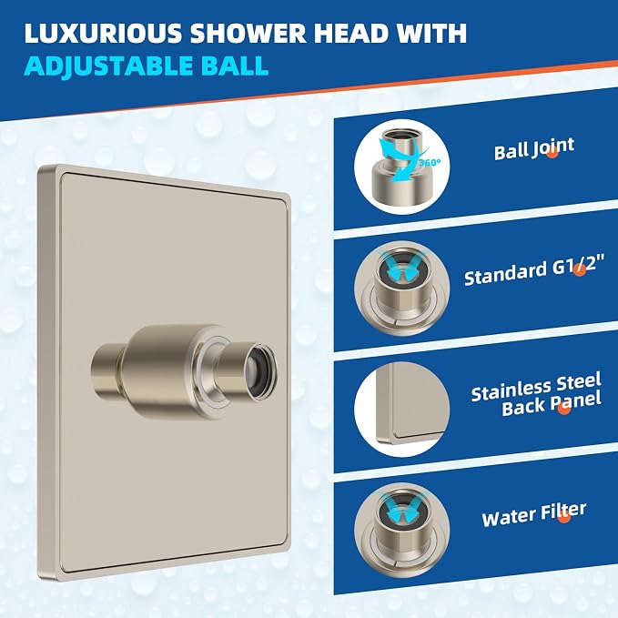 Hibbent Thickness Metal Rain Shower Head, Square Bathroom Waterfall Shower Heads - Image 2