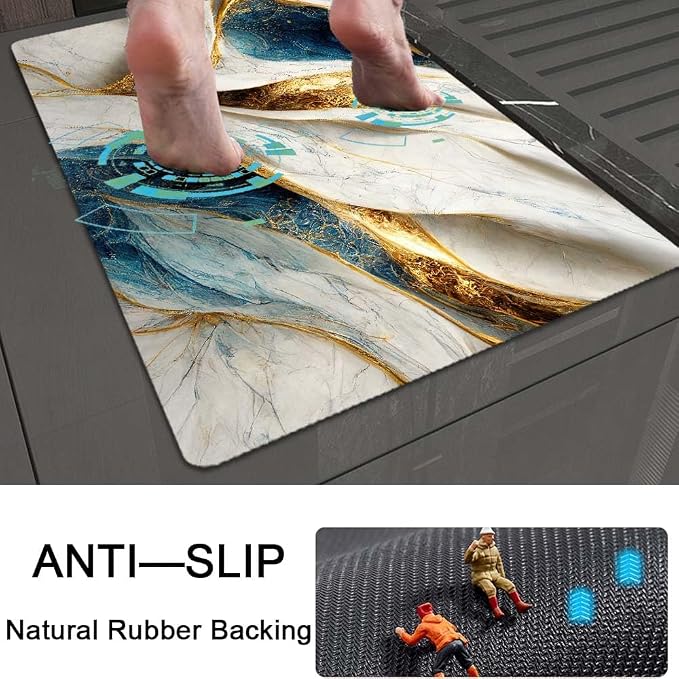 Bath Mat Rug, Abstract Blue and gold marble Non Slip Quick Dry Super Absorbent - Image 5