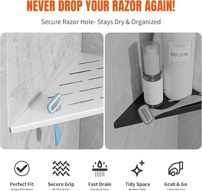 Corner Shower Shelf with Razor Hole, Rustproof Stainless Steel Shower Organizer - Image 3