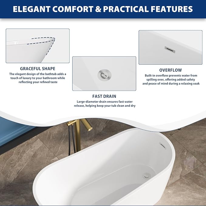 Sarlai 59 Inch Acrylic Freestanding Soaking Bathtub Contemporary Soaking White - Image 7