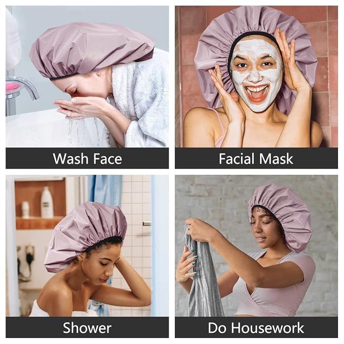 Auban Extra Large Shower Cap, Double-Layer Waterproof Reusable, XL Satin Lining - Image 7