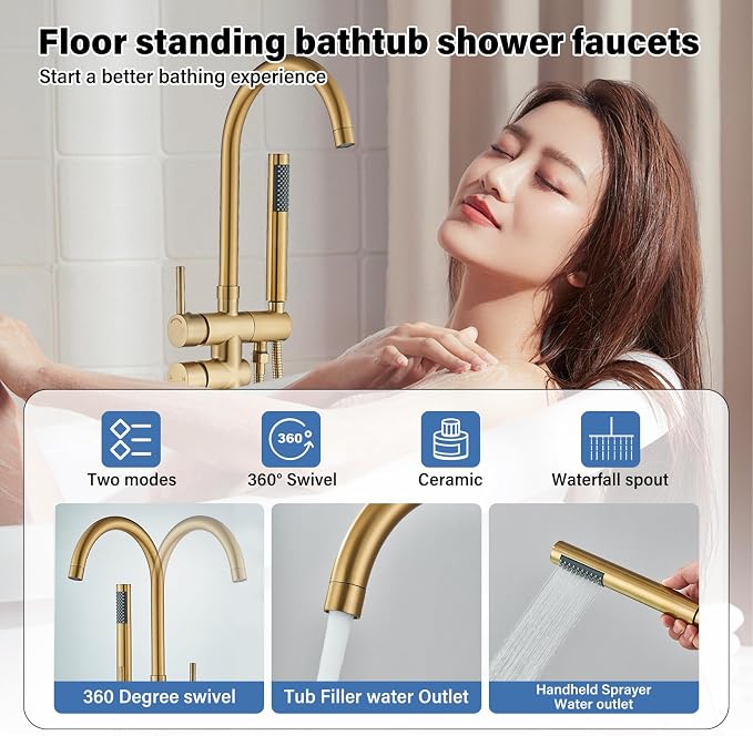 Brushed Gold Freestanding Bathtub Faucet - Image 3