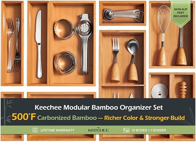 10-Piece Bamboo Drawer Organizer Set, 2.2" Deep Multi-Use Organizers by Keechee