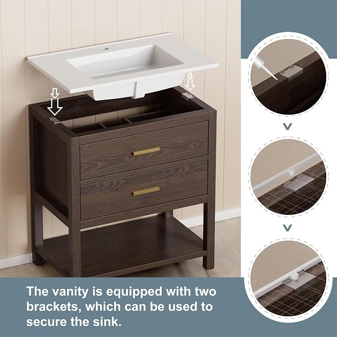 30 Inch Bathroom Vanity with Sink, Cabinet Sink Farmhouse Style with Drawers & - Image 6