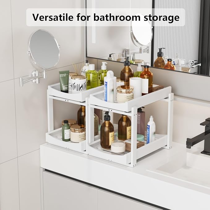 Bamboo Under Sink Organizer Adjustable Height 2 Tier Bathroom Organizer Pull - Image 5
