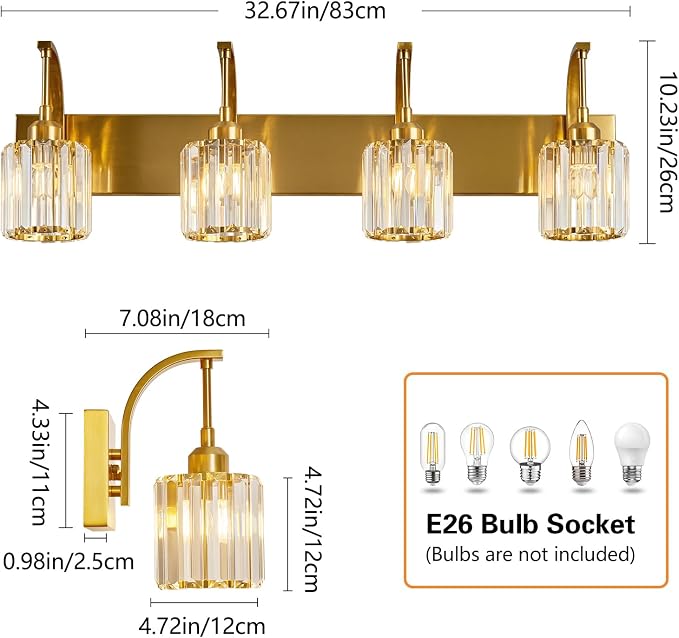 4-Light Crystal Vanity Light, Modern Gold Bathroom Wall Sconce - Image 4