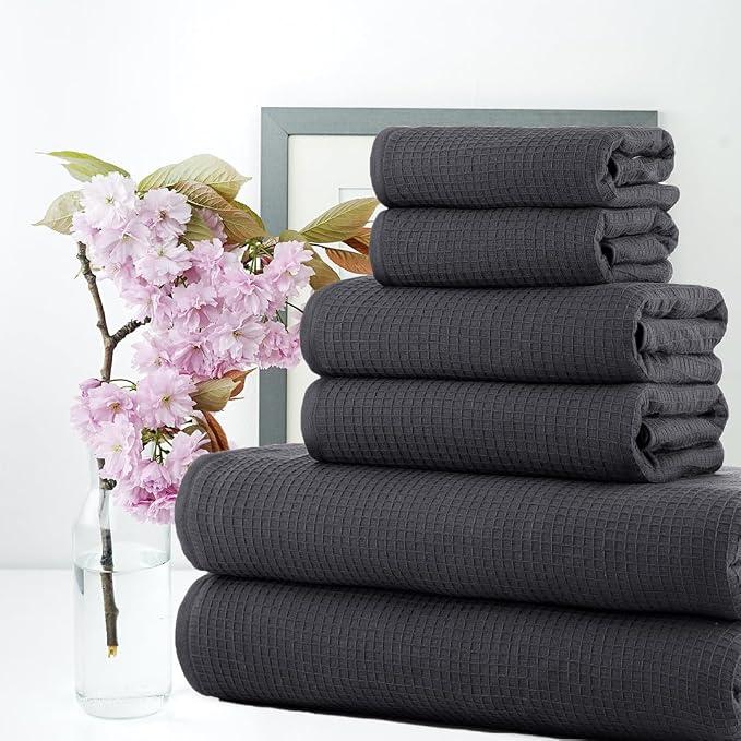CASA COPENHAGEN Waffle Terry Towel 6Pcs Set, Cotton Extra Large Luxurious- Pine - Image 3