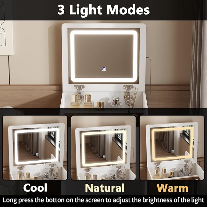 FUFU&GAGA Vanity Desk with Flip Top Mirror and Lights, Small Makeup Vanity Set - Image 4