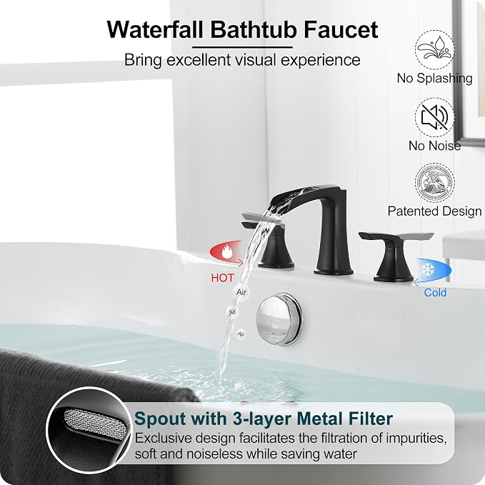 Roman Waterfall Bathtub Faucets, Brass High Flow Bathtub Faucet 3 Hole 6-16 - Image 2