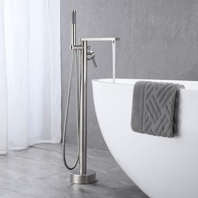 Freestanding Bathtub Faucet Tub Filler Brushed Nickel Floor Mount Brass Single - Image 3