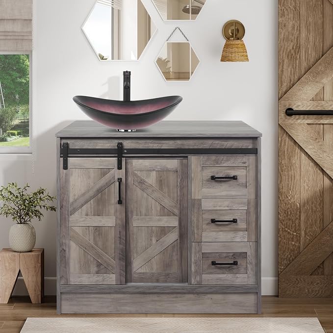 36 Inch Barn Door Bathroom Vanity, Farmhouse Style Standing Pedestal Cabinet by Solidee