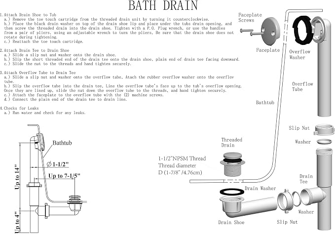 Yariwiz 1-1/2" Matte Black Bathtub Tub Drain Kit Bath Waste Overflow Drain Tube - Image 8