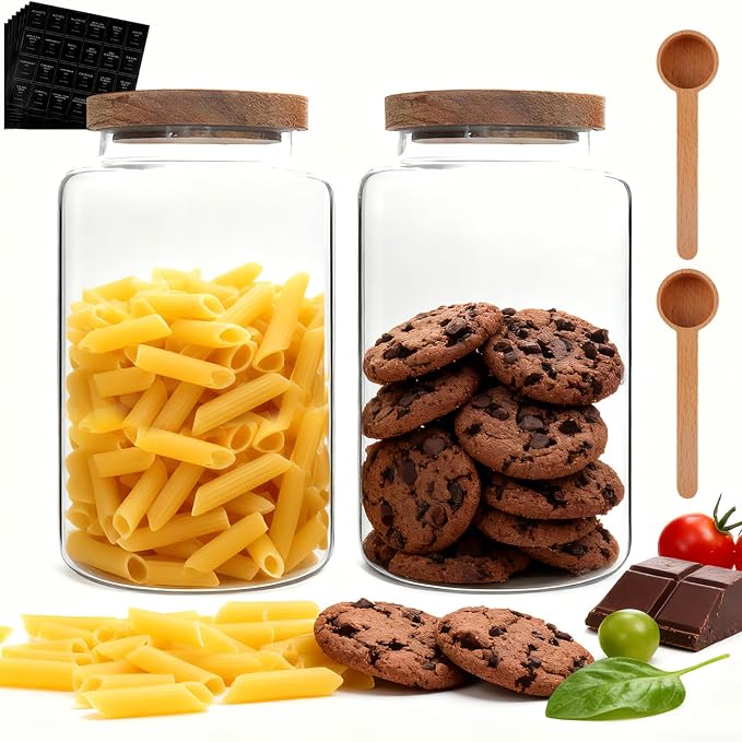 Glass Storage Jar with Lids Spoon Labels Round Glass Coffee Canister - Image 6