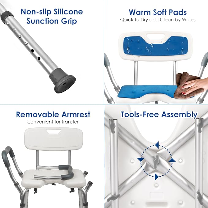 TooCust Extra Wide M-Shaped & Padded Armrests Shower Chair, 500lbs Capacity - Image 8