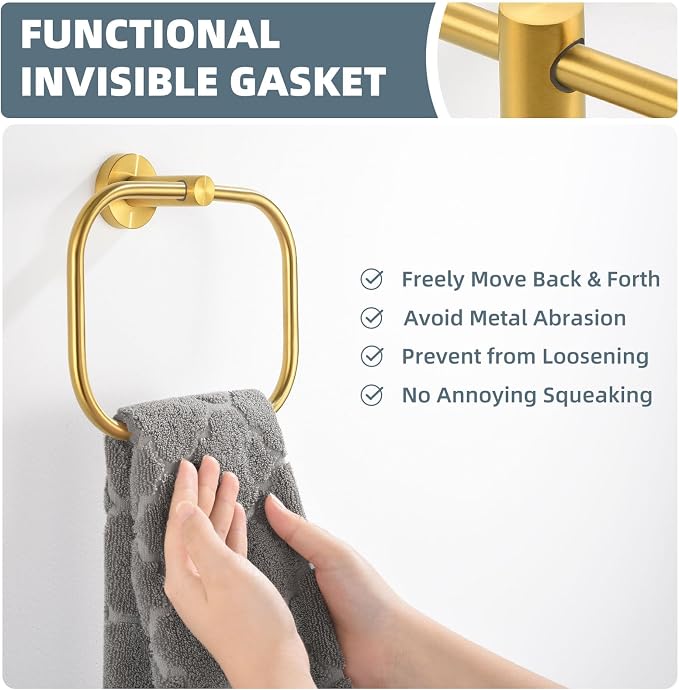 Angle Simple Square Towel Ring Brassy Gold, SUS 304 Stainless Steel Swivel Hand - Image 5