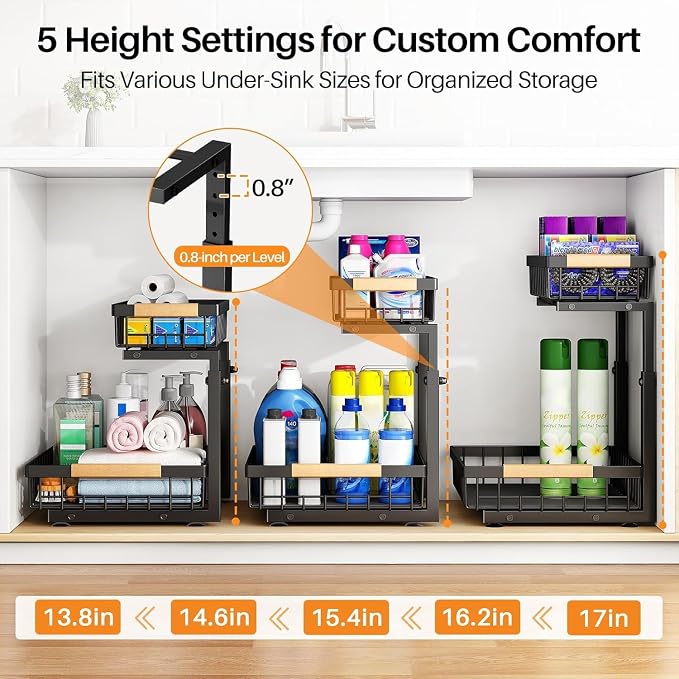 PXRACK 1 Pack Under Sink Organizer, Adjustable Height, 2 Tier Pull Out Under - Image 3