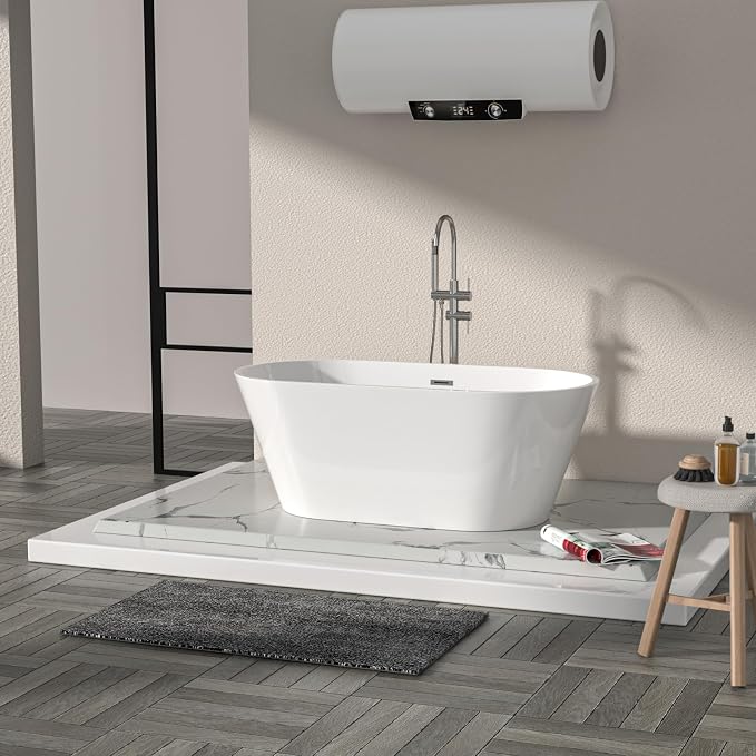 Logmey 59" Acrylic Freestanding Bathtub White Oval Shape Soaking Tub by Logmey