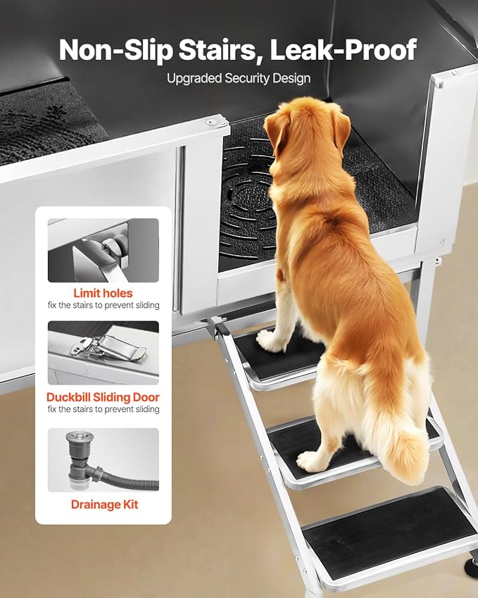 VEVOR Stainless Steel Dog Washing Station, 62 inch Pet Grooming Tub w/Stairs - Image 3